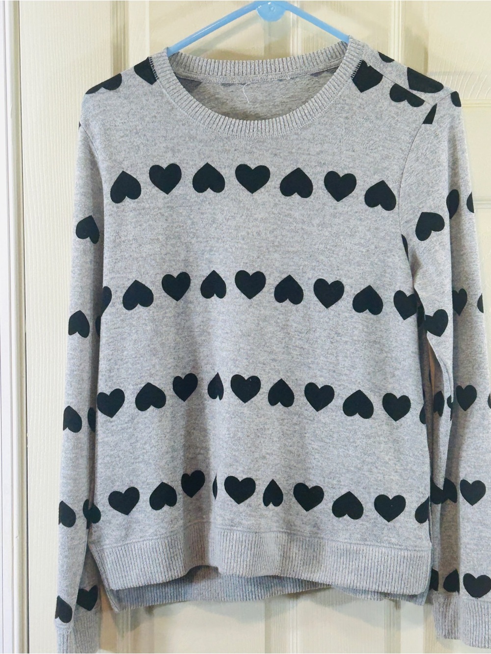 Women's Gray Crewneck Sweater with Black Heart Print